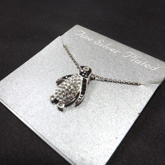 Penguin Necklace, Silver Plated, Clear & Black Rhinestones, NWT, 18 Inches - Picture 7 of 8